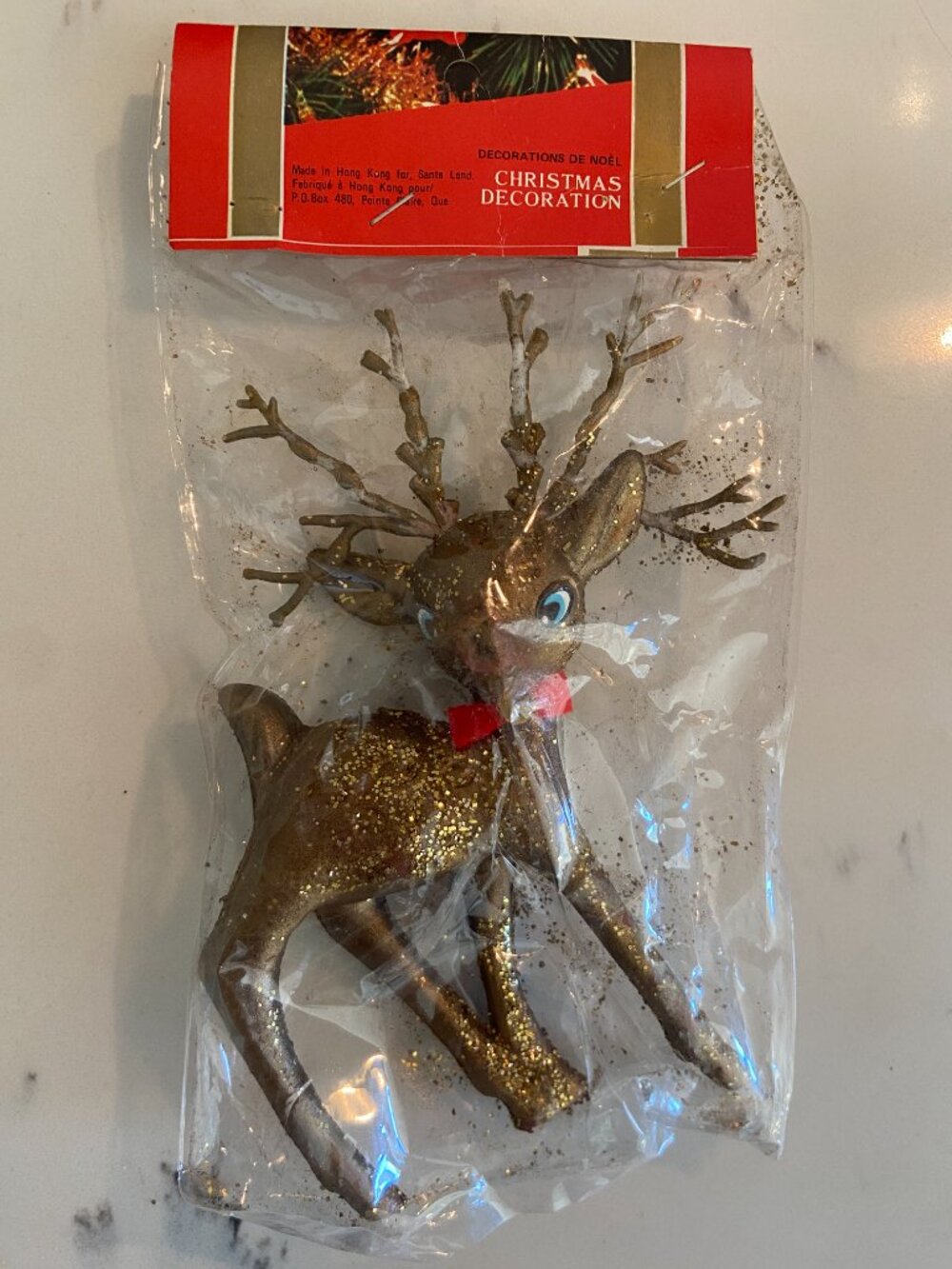 Vintage Santa Land Gold Reindeer Christmas Decoration Made in Hong Kong